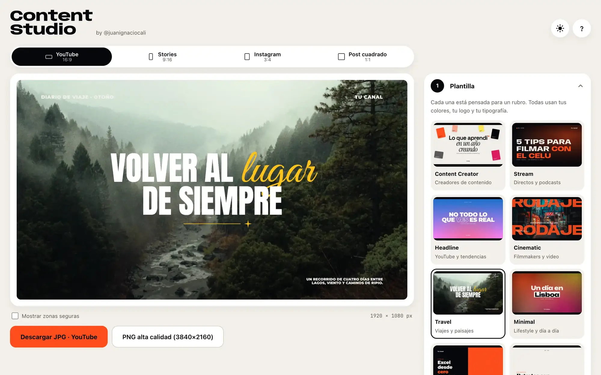 Content Studio App en uso: se cambia de plantilla entre Travel, Stream, Cinematic y Minimal, y después se escribe un título nuevo que aparece al instante en la portada.