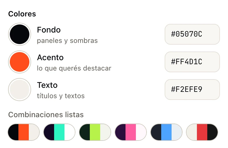 Panel de colores de la app: fondo, acento y texto, con combinaciones listas para elegir.